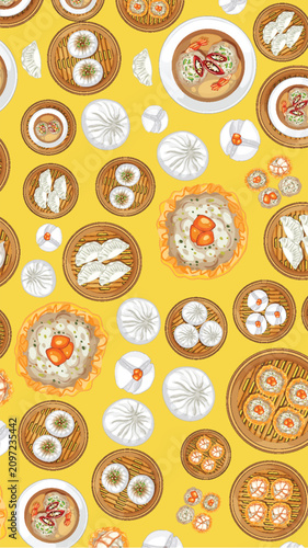Flat Lay Vector Illustration of Assorted Dim Sum and Dumplings