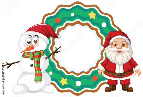 Cartoon Santa Claus and Snowman with Circular Holiday Wreath Frame
