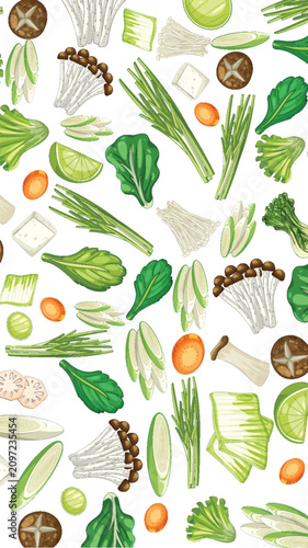 Flat Lay Vector Illustration of Fresh Asian Cooking Ingredients
