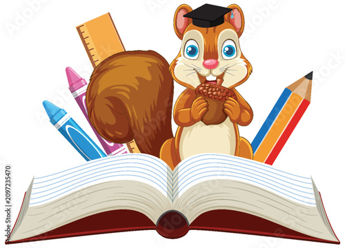 Cartoon Squirrel Wearing Graduation Cap with School Supplies and Open Book