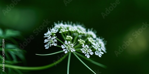 Delicate white umbel flower with intricate petals set against dark green foliage