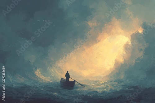 Solitary sailor at a stormy sea with a large open Bible as a symbolic sail, representing faith, hope, and salvation