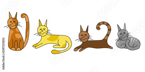 vector illustration set of four cute cats in various relaxed poses and colors