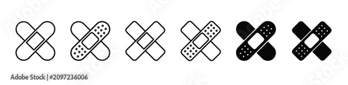 Medical adhesive bandage icon set in line art and solid fill variations for first aid