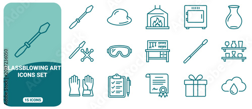 Canvastavla Glassblowing icons set featuring tools, safety equipment, kiln, finished glasswa