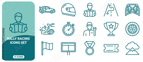 Foto Rally racing icon set featuring car, helmet, navigator, stopwatch, mechanic, tro