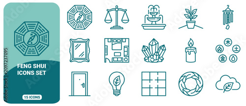 Konstfotografi Set of 15 feng shui and interior line icons featuring a bagua mirror, scales, fo