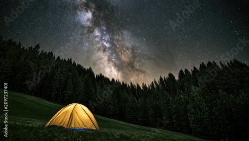 A solitary tent glows under a vast, star-filled night sky, a forested hillside above