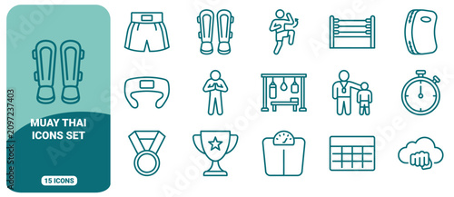 Tablou pe pânză Set of 15 muay thai and kickboxing line icons, including boxing shorts, shin gua
