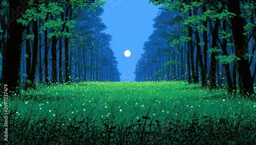 Moonlit forest glade with glowing fireflies and a soft blue sky