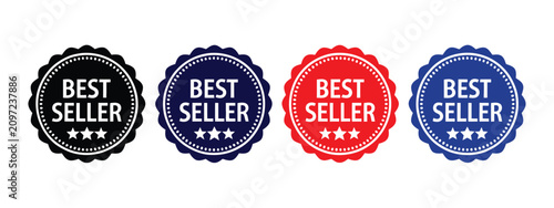 Εκτύπωση καμβά Best seller badge icons featuring colorful product labels with stars and ribbon symbols in clean minimalist vector graphics for ecommerce, retail promotions, packaging, and marketing campaigns