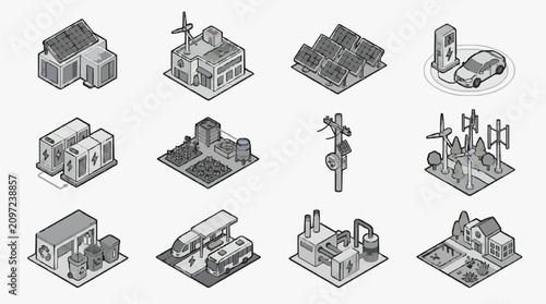 Minimalist Isometric Illustrations of Modern Energy Infrastructure and Sustainable Living Concepts in Grayscale