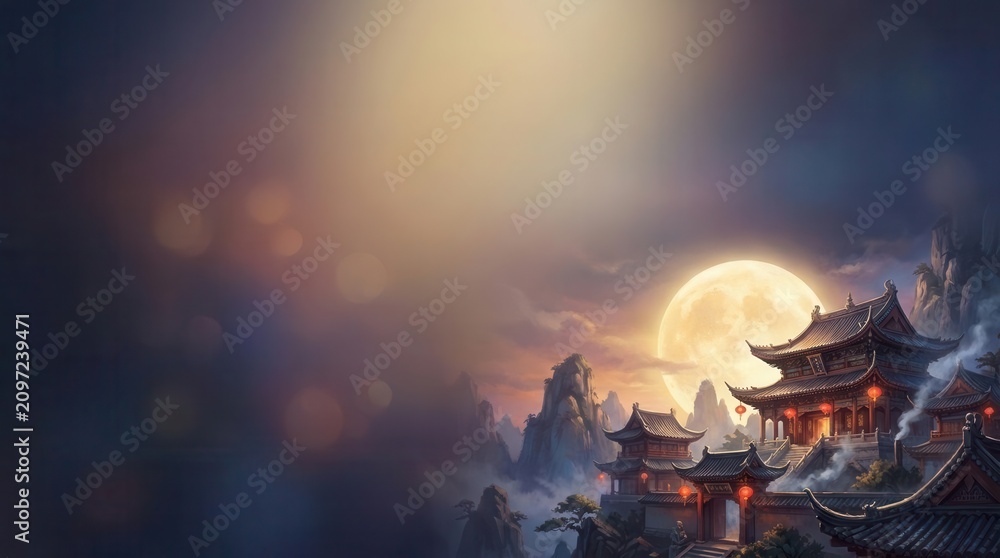 Fototapeta premium Full moon rising over traditional oriental pagodas during night festival