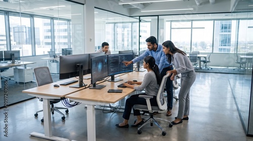 Indian software engineers reviewing code monitor screen