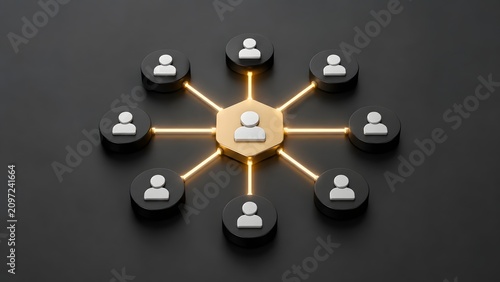 Human resources leadership network diagram golden central figure connecting to team members via glowing digital links