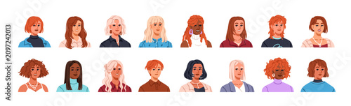 Women head portraits with diverse hairstyles. Different female characters, fa...
