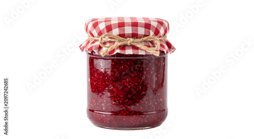 Photos Homemade raspberry jam in a glass jar with a checkered cloth lid and twine