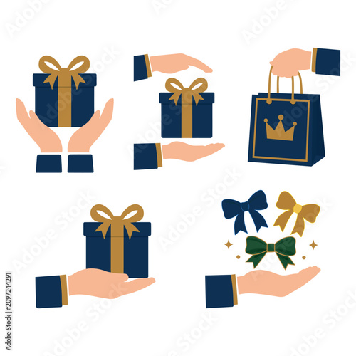 Set of gift boxes and shopping bag being held by hands flat design vector icons