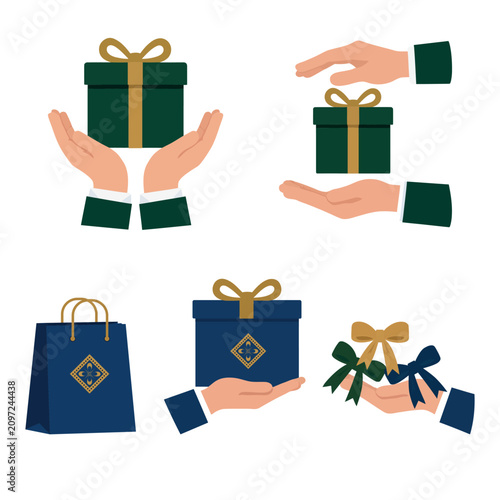 Collection of gift boxes and shopping bags held in hands vector illustration set
