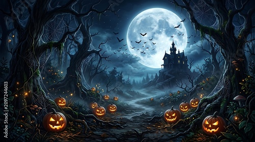 Spooky halloween night landscape with haunted mansion and jackolanterns