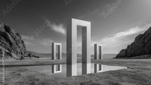 surreal mirrored architectural structure in monochrome desert landscape