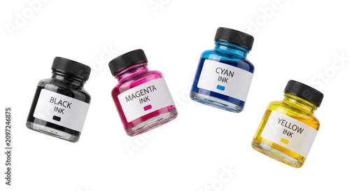 Four bottles of CMYK printer ink floating against a white background
