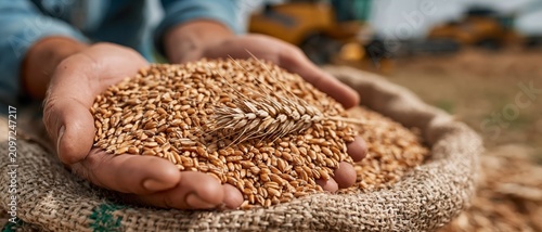 Close-up of farmer hands holding wheat grains and ears, symbolizing harvest success and food production.