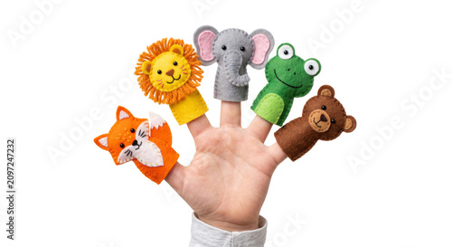 фотографія Cute felt finger puppets of animals on a child's hand for playtime