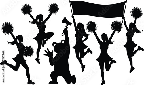 Foto Cheerleading squad silhouette with mascot dynamic sports team illustration