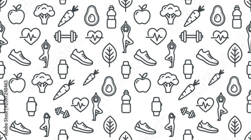 Healthy lifestyle and fitness seamless pattern with minimal outline icons
