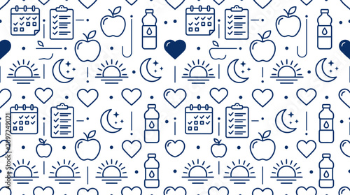 Healthy lifestyle wellness icons seamless line art pattern background