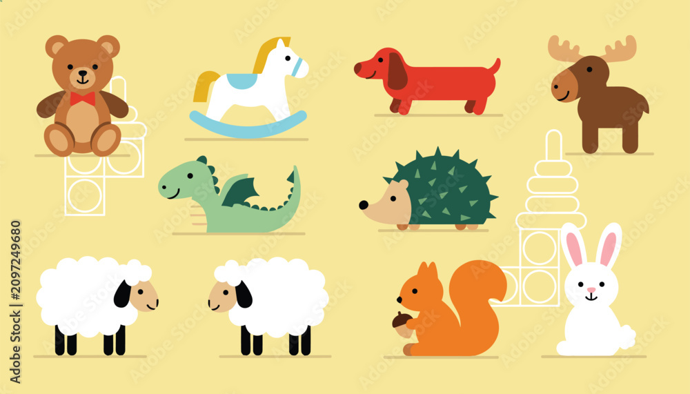 Fototapeta premium Collection of ten different flat children toys including a cute teddy bear, rocking horse, and various animals.