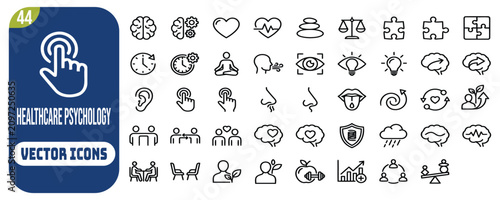 Bild auf Leinwand Flat vector illustration line art icon bundle set design featuring senses perception heart clock puzzle scales balance human emotion psychology mindfulness for healthcare app ui art
