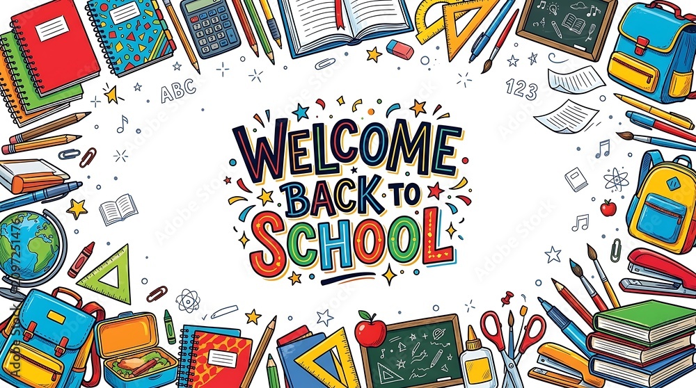 Fototapeta premium Welcome back to school banner with school supplies isolated on white background