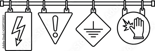 Bild auf Leinwand Hanging Safety Warning Sign Board Set with High Voltage Lightning, Exclamation A