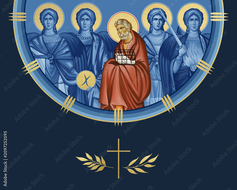 Obraz premium Righteous Joseph of Arimathea (presentation of Jesus at the temple) and four cardinal points (Archangel Gabriel, Uriel, Raphael and Michael). Illustration in Byzantine style isolated