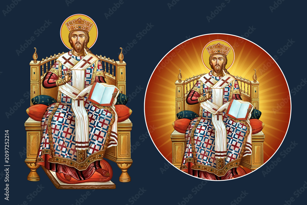 Obraz premium The Jesus Christ the greatest Bishop sitting on the throne. Illustration - fresco set in Byzantine style
