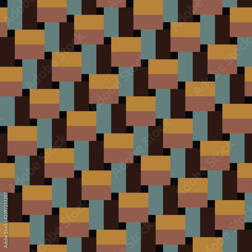 Pattern created from gold, brown, jade and dark brown rectangles, and small black squares
