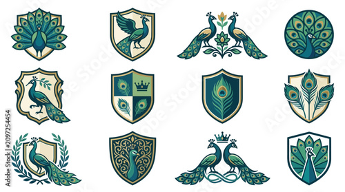 Set of elegant peacock heraldic shield logo designs for luxury branding and corporate identity