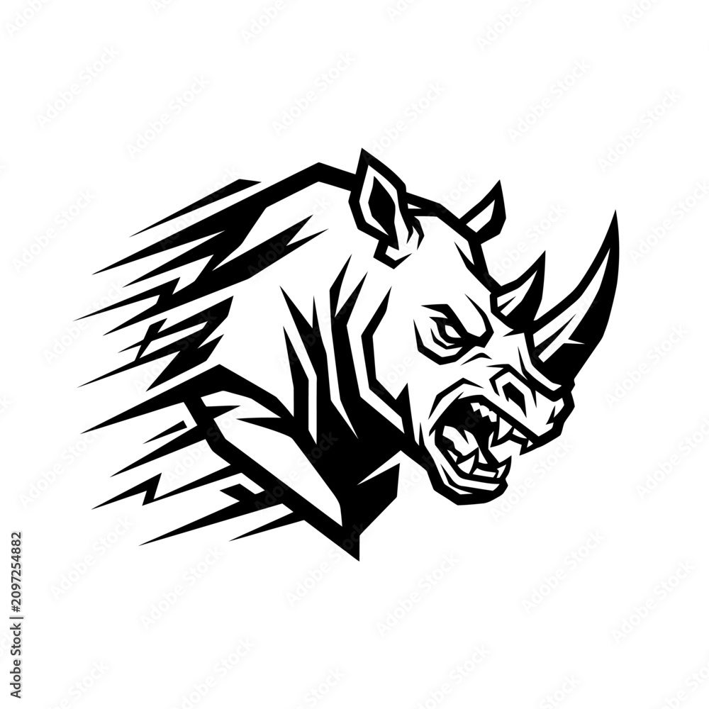Obraz premium Aggressive charging rhinoceros head with speed motion lines