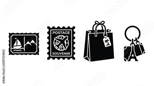 Travel Icons Sailboat Postcard Stamp Gift Bag And Eiffel Tower Keychain