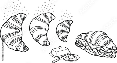 Konstfotografi French Bakery Croissant and Breakfast Food Illustration Set with Butter Dish, Kn