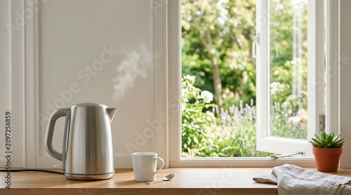 Steaming stainless steel electric kettle and white mug on a wooden windowsill. Open window with view of green summer garden. Morning tea or coffee preparation