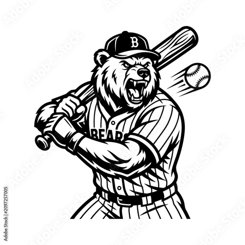 Aggressive bear mascot swinging baseball bat at ball