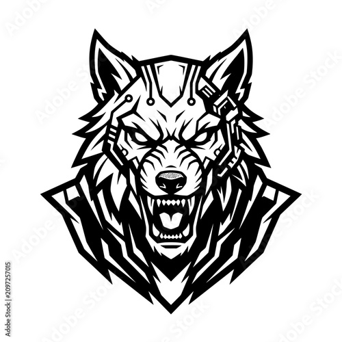 Aggressive bionic wolf head with mechanical armor plates.