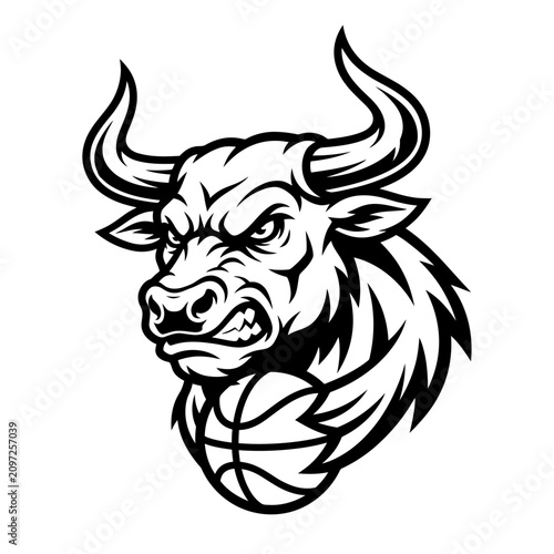 Aggressive bull head mascot profile with basketball graphic