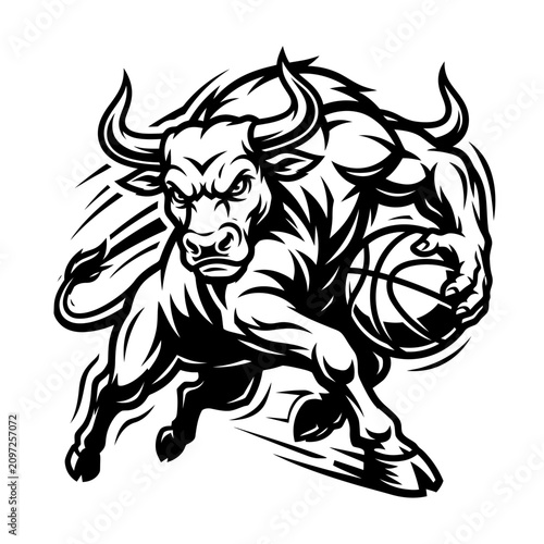 Aggressive bull mascot charging with basketball.