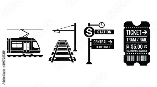 Cuadro en lienzo Public Transportation Icons Including Tram Station Sign And Ticket Black Silhoue