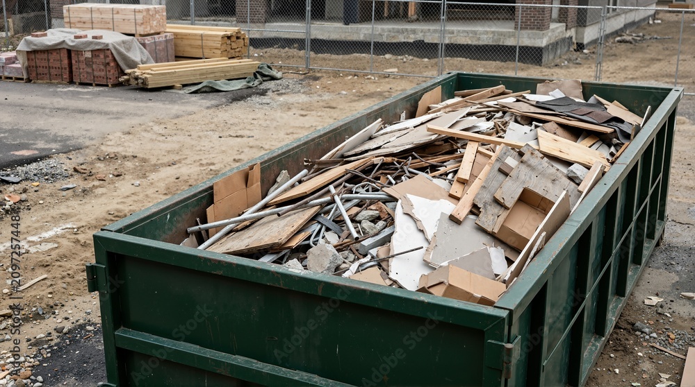 Obraz premium Piles of construction debris in dumpster. Large green roll off container filled with renovation waste. Construction site cleanup with wood and drywall scrap
