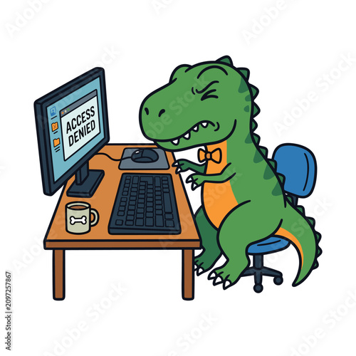 Funny cartoon dinosaur T-Rex struggling with short arms at a computer desk facing an access denied error message illustration